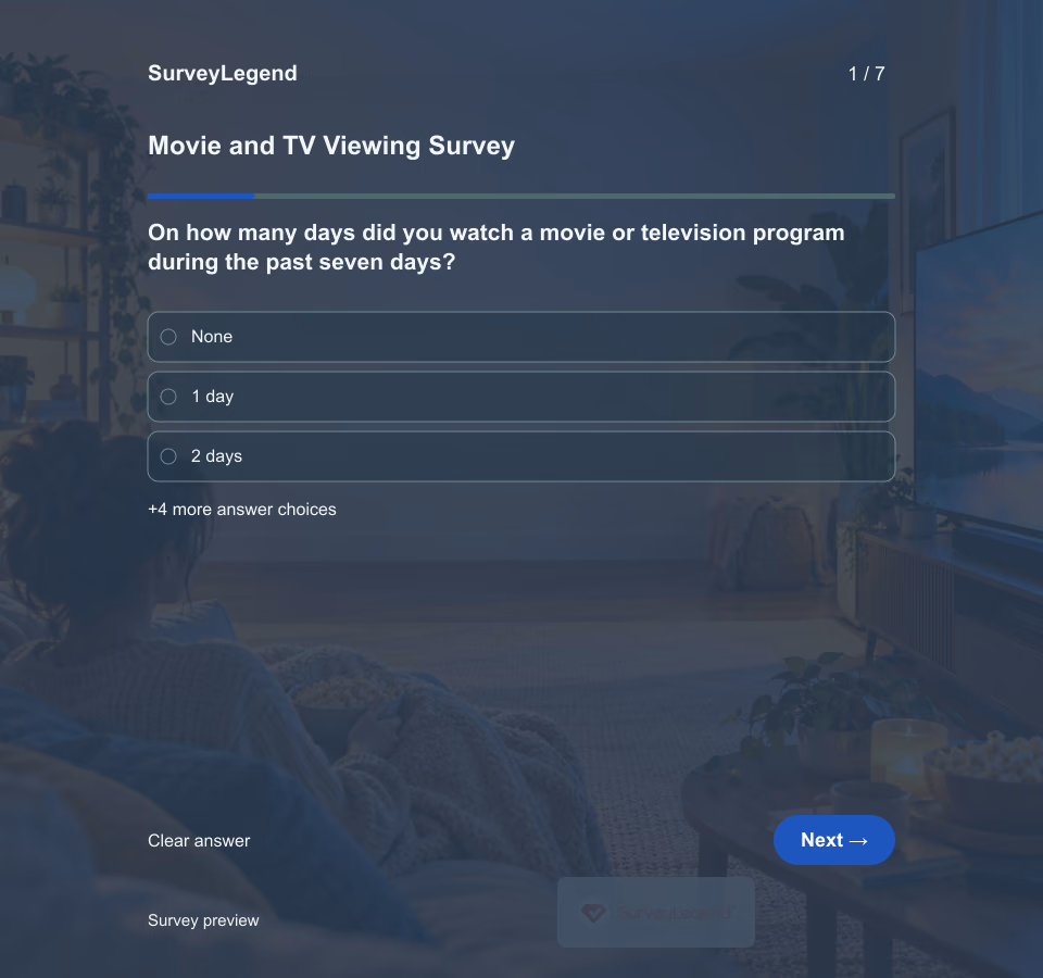Preview of the Movie and TV Viewing Survey Template showing its first question and answer choices