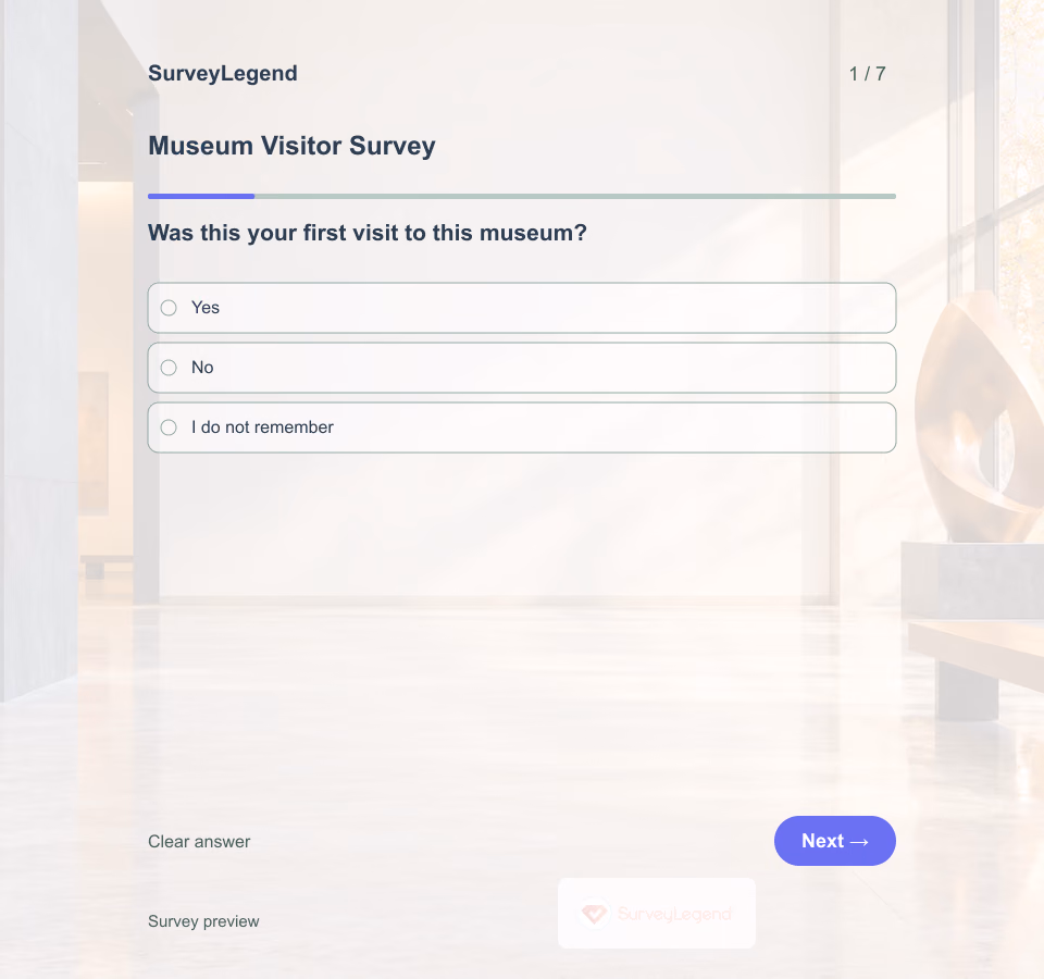 Preview of the Museum Visitor Survey Template showing its first question and answer choices