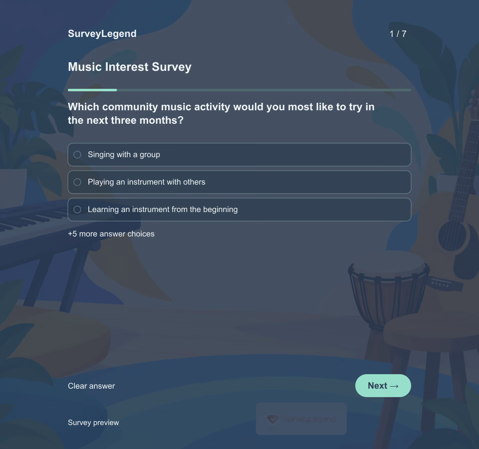 Preview of the Music Interest Survey Template showing its first question and answer choices