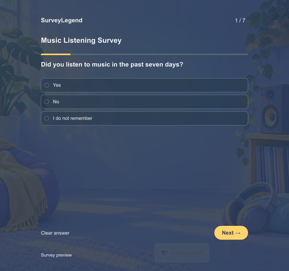 Preview of the Music Listening Survey Template showing its first question and answer choices