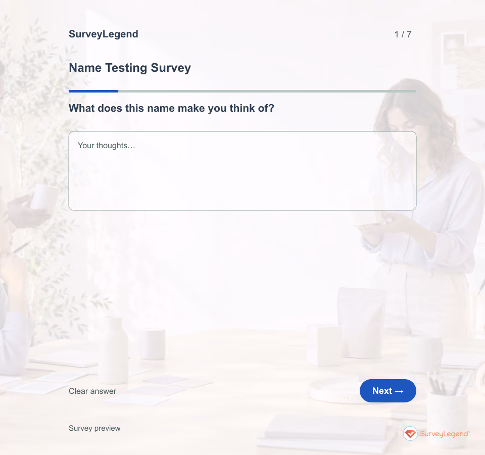 Preview of the Name Testing Survey Template demo showing its first question and answer choices
