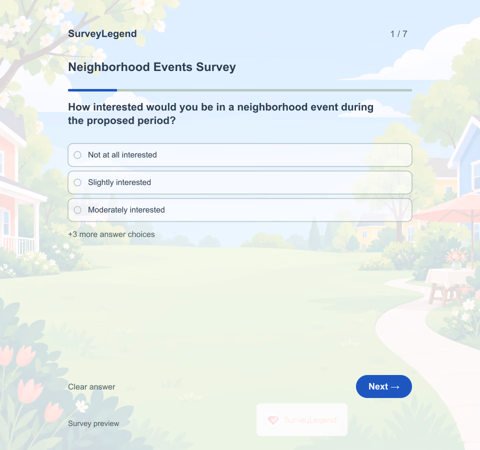 Preview of the Neighborhood Events Survey Template showing its first question and answer choices
