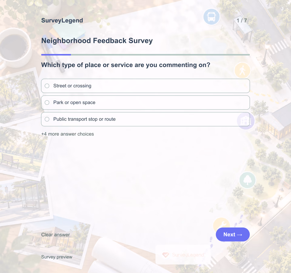 Preview of the Neighborhood Feedback Survey Template showing its first question and answer choices