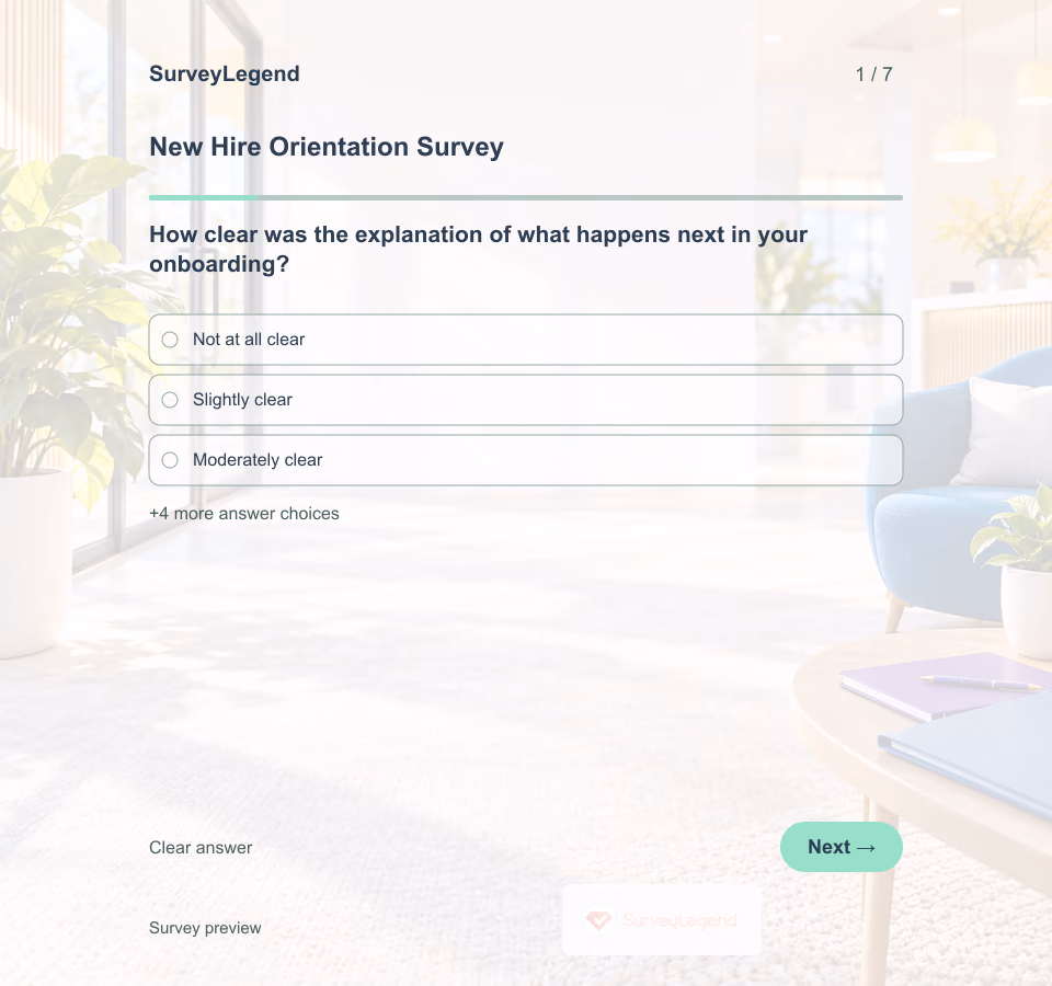 Preview of the New Hire Orientation Survey Template showing its first question and answer choices