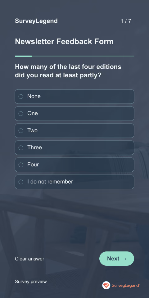 Newsletter Feedback Form: first question and response field, mobile preview