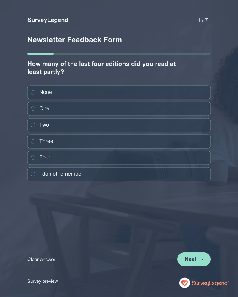 Newsletter Feedback Form: first question and response field, tablet preview
