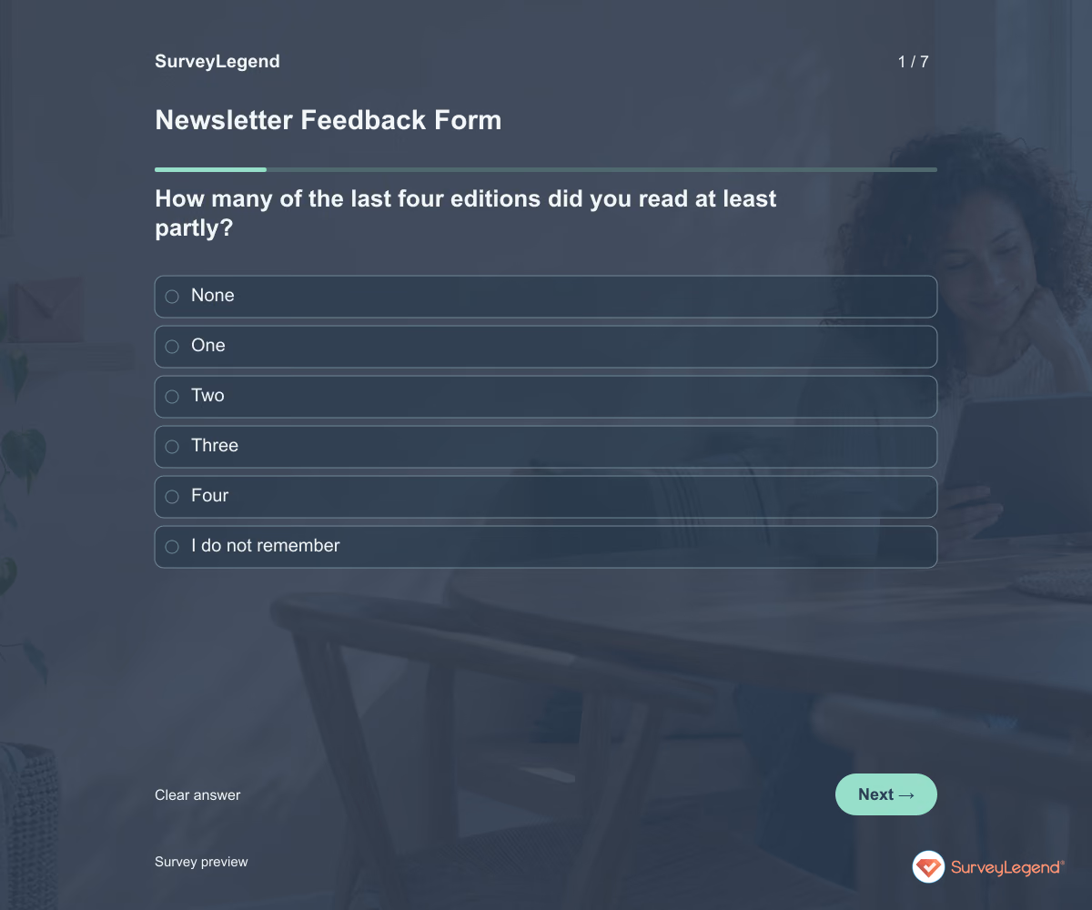 Preview of the Newsletter Feedback Form demo showing its first question and answer choices