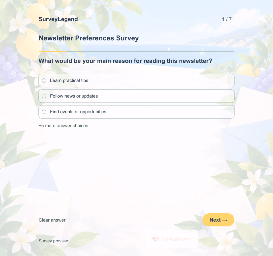 Preview of the Newsletter Preferences Survey Template showing its first question and answer choices