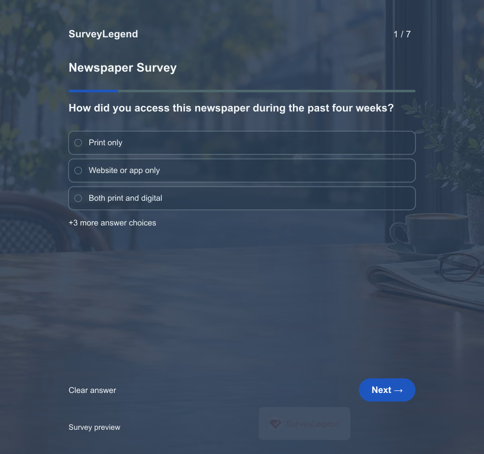 Preview of the Newspaper Survey Template showing its first question and answer choices