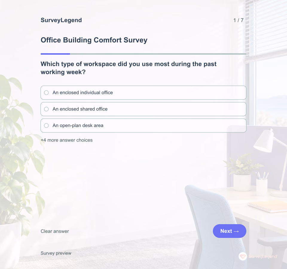 Preview of the Office Building Comfort Survey Template showing its first question and answer choices