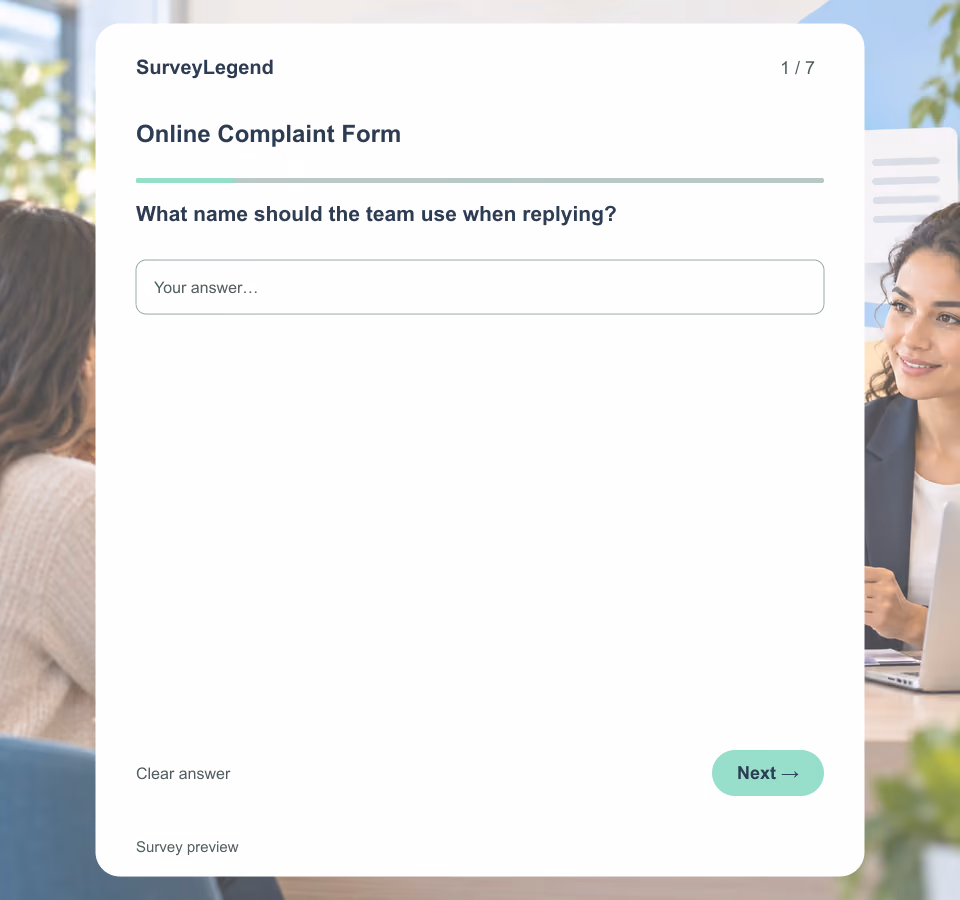 Preview of the Online Complaint Form Template showing its first question and answer choices