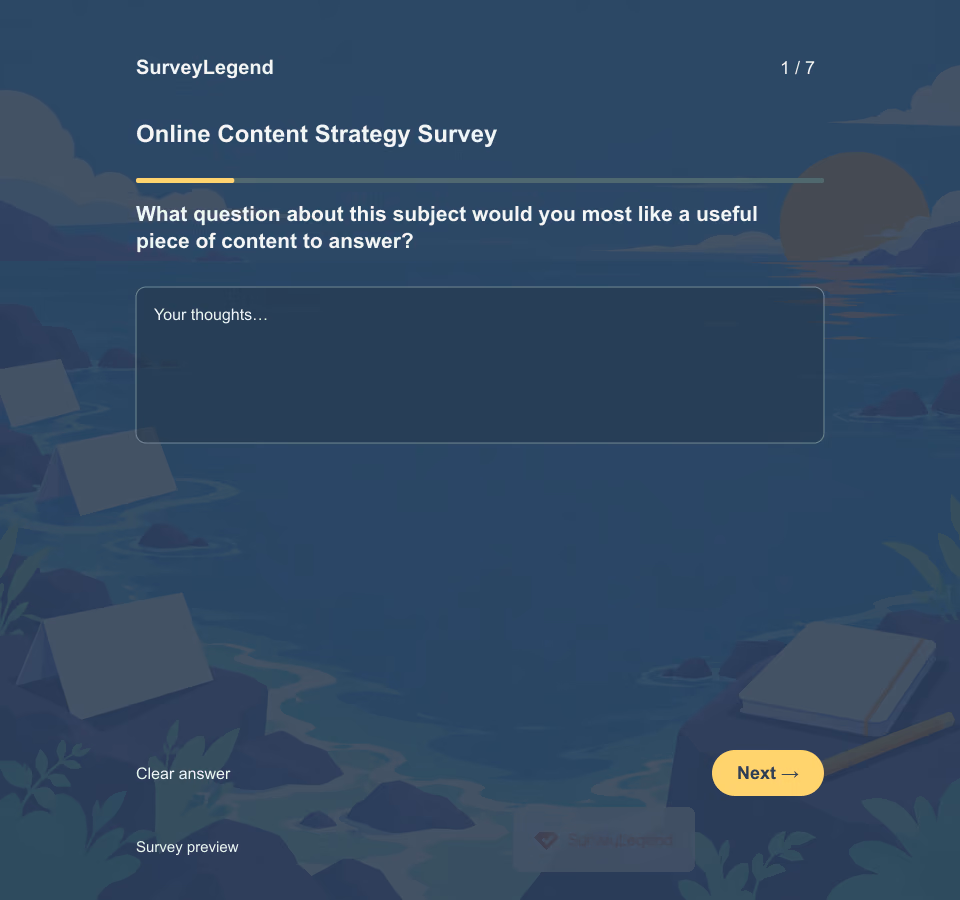 Preview of the Online Content Strategy Survey Template showing its first question and answer choices