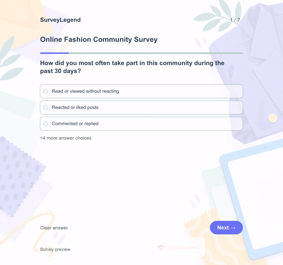 Preview of the Online Fashion Community Survey Template showing its first question and answer choices