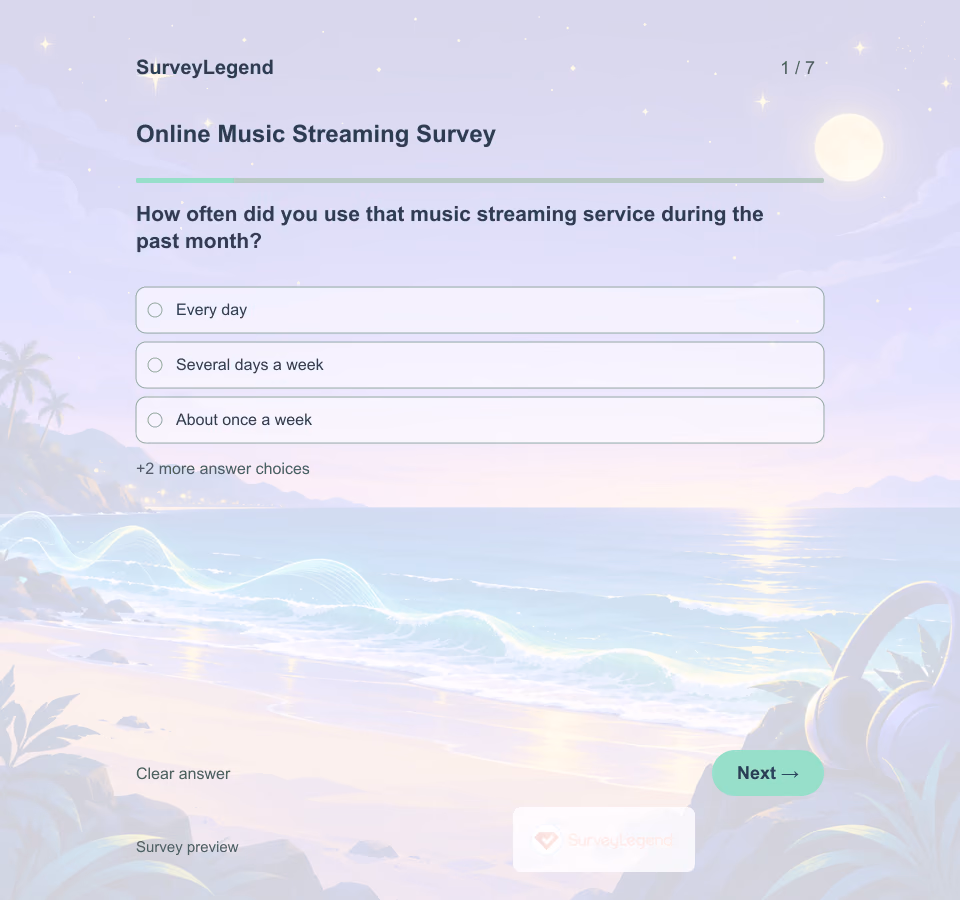 Preview of the Online Music Streaming Survey Template showing its first question and answer choices