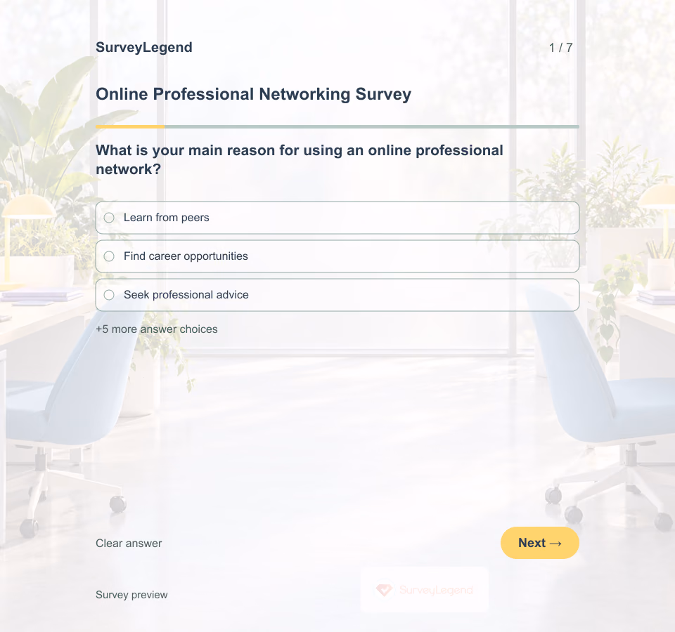 Preview of the Online Professional Networking Survey Template showing its first question and answer choices