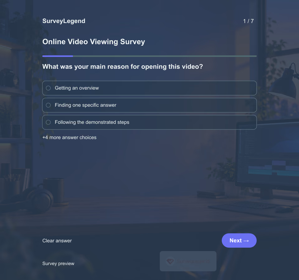 Preview of the Online Video Viewing Survey Template showing its first question and answer choices