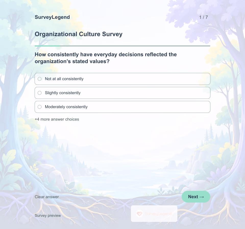 Preview of the Organizational Culture Survey Template showing its first question and answer choices