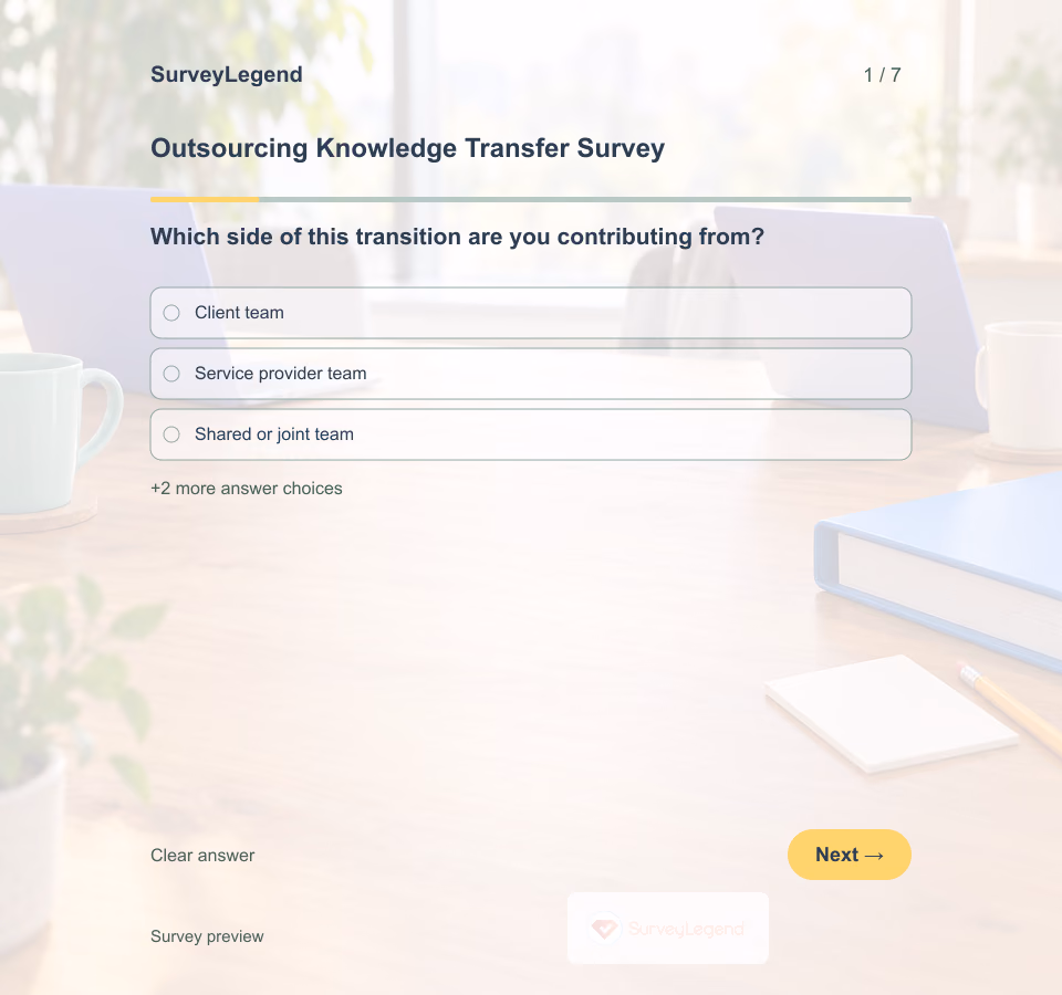Preview of the Outsourcing Knowledge Transfer Survey Template showing its first question and answer choices