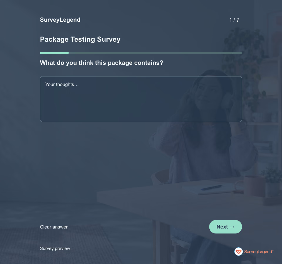 Preview of the Package Testing Survey Template demo showing its first question and answer choices