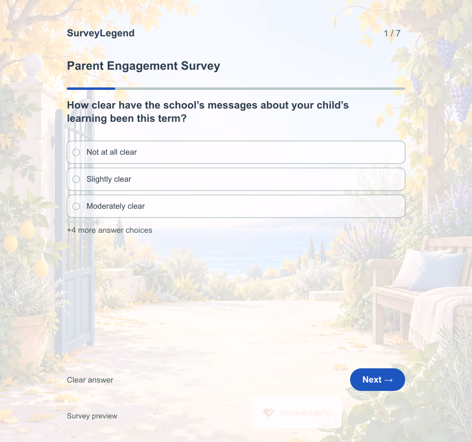 Preview of the Parent Engagement Survey Template showing its first question and answer choices