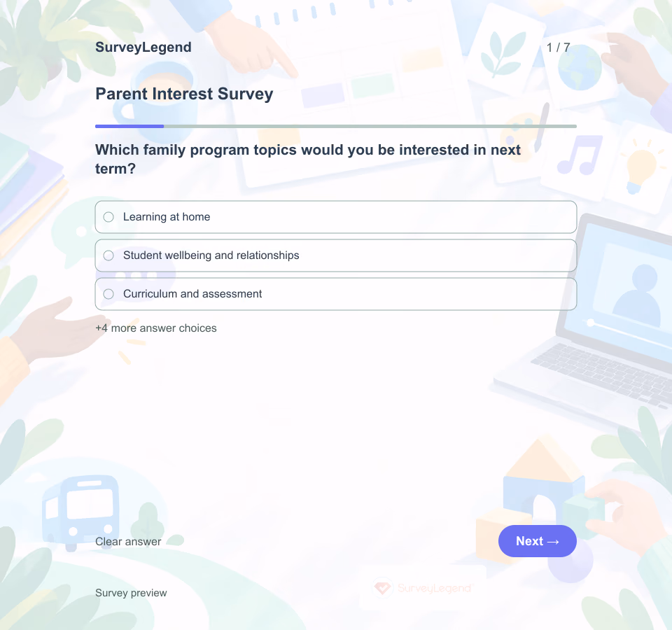 Preview of the Parent Interest Survey Template showing its first question and answer choices