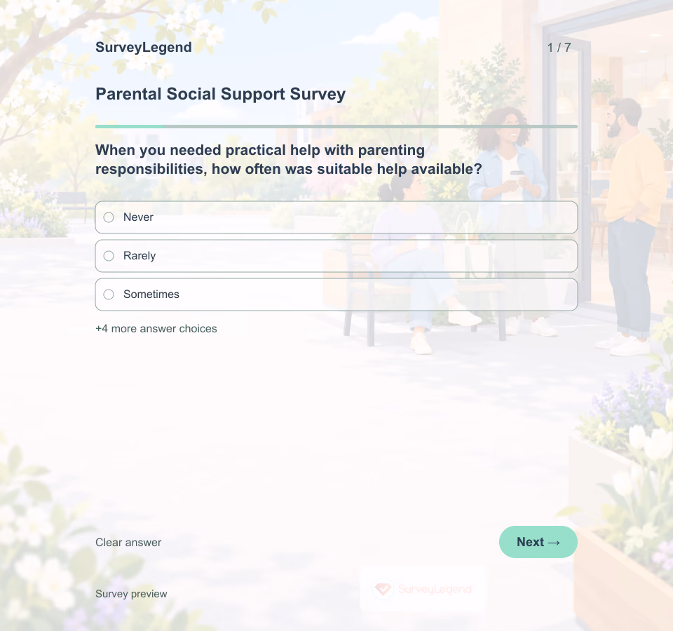 Preview of the Parental Social Support Survey Template showing its first question and answer choices