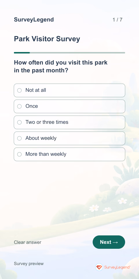 Park Visitor Survey: first question and response field, mobile preview
