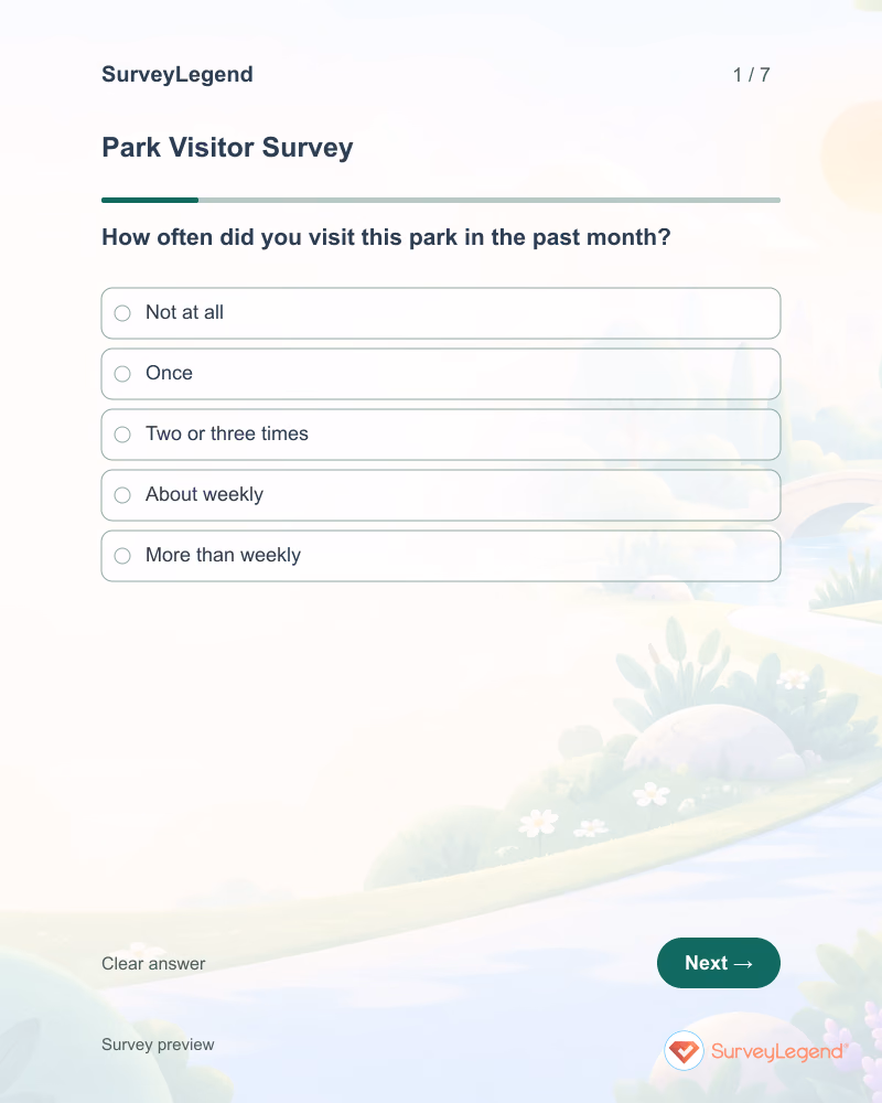 Park Visitor Survey: first question and response field, tablet preview