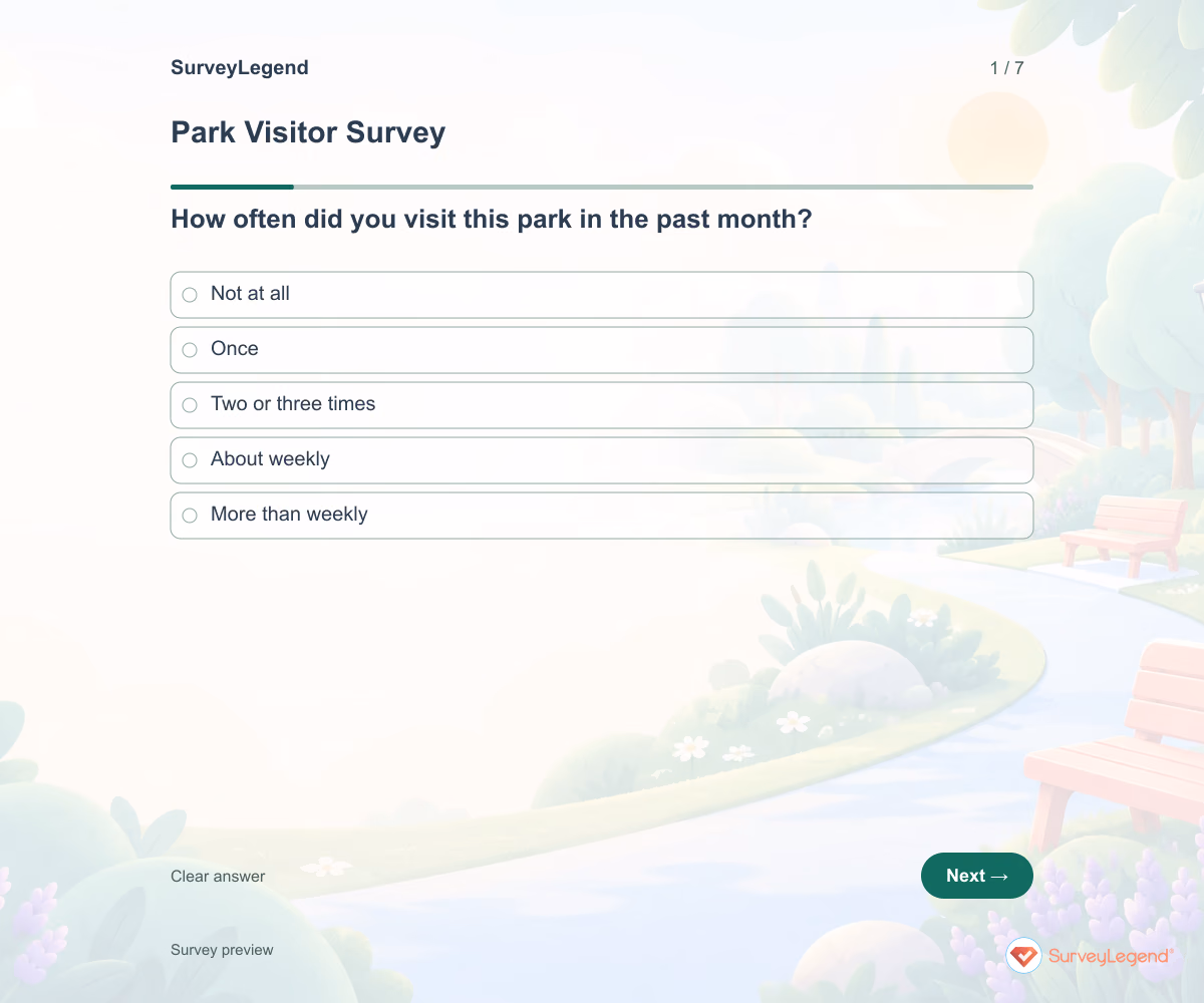 Preview of the Park Visitor Survey demo showing its first question and answer choices