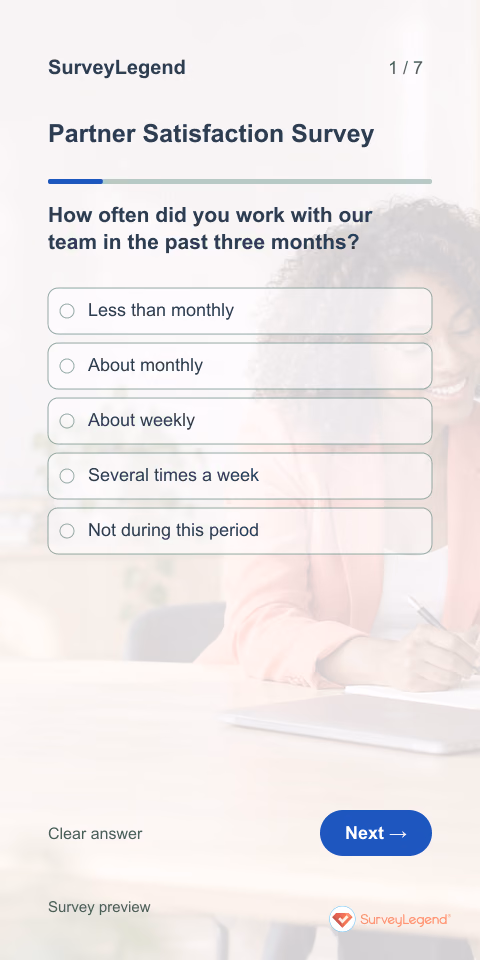 Partner Satisfaction Survey: first question and response field, mobile preview
