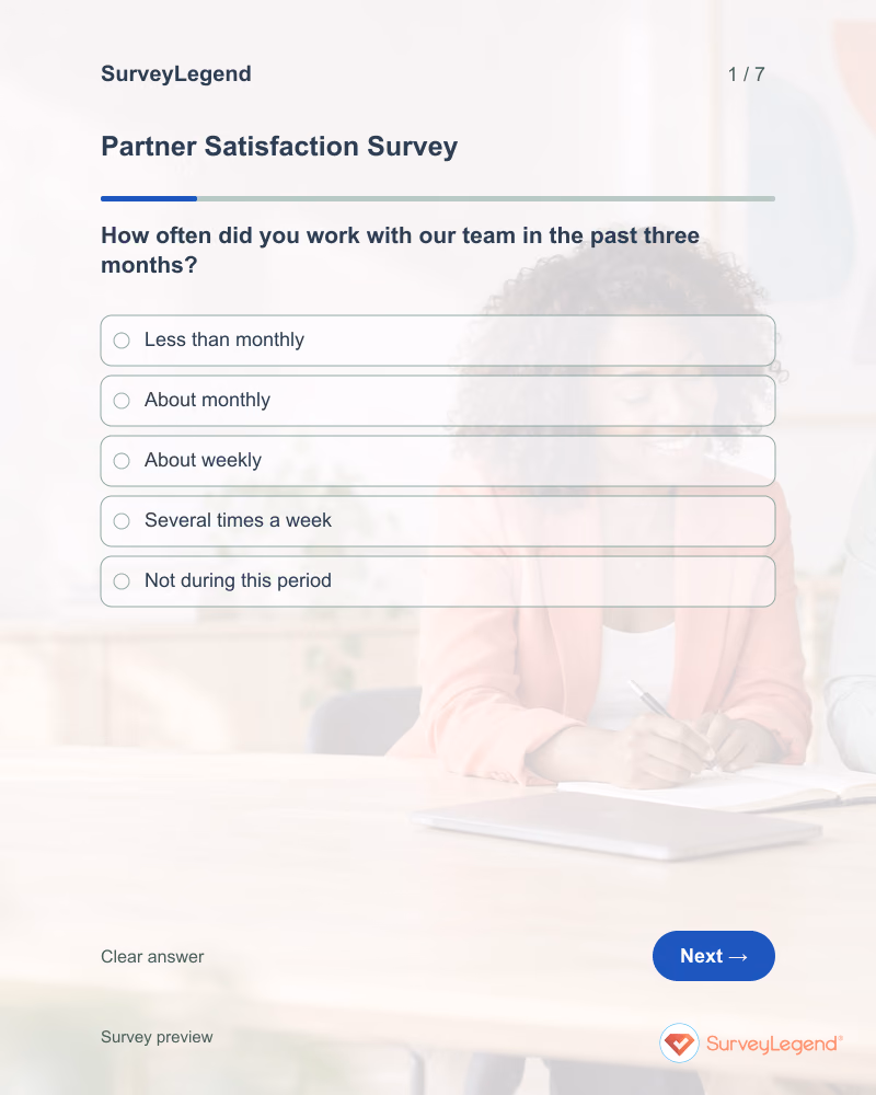 Partner Satisfaction Survey: first question and response field, tablet preview