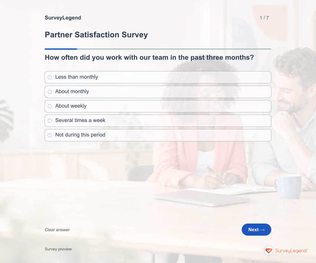 Preview of the Partner Satisfaction Survey demo showing its first question and answer choices
