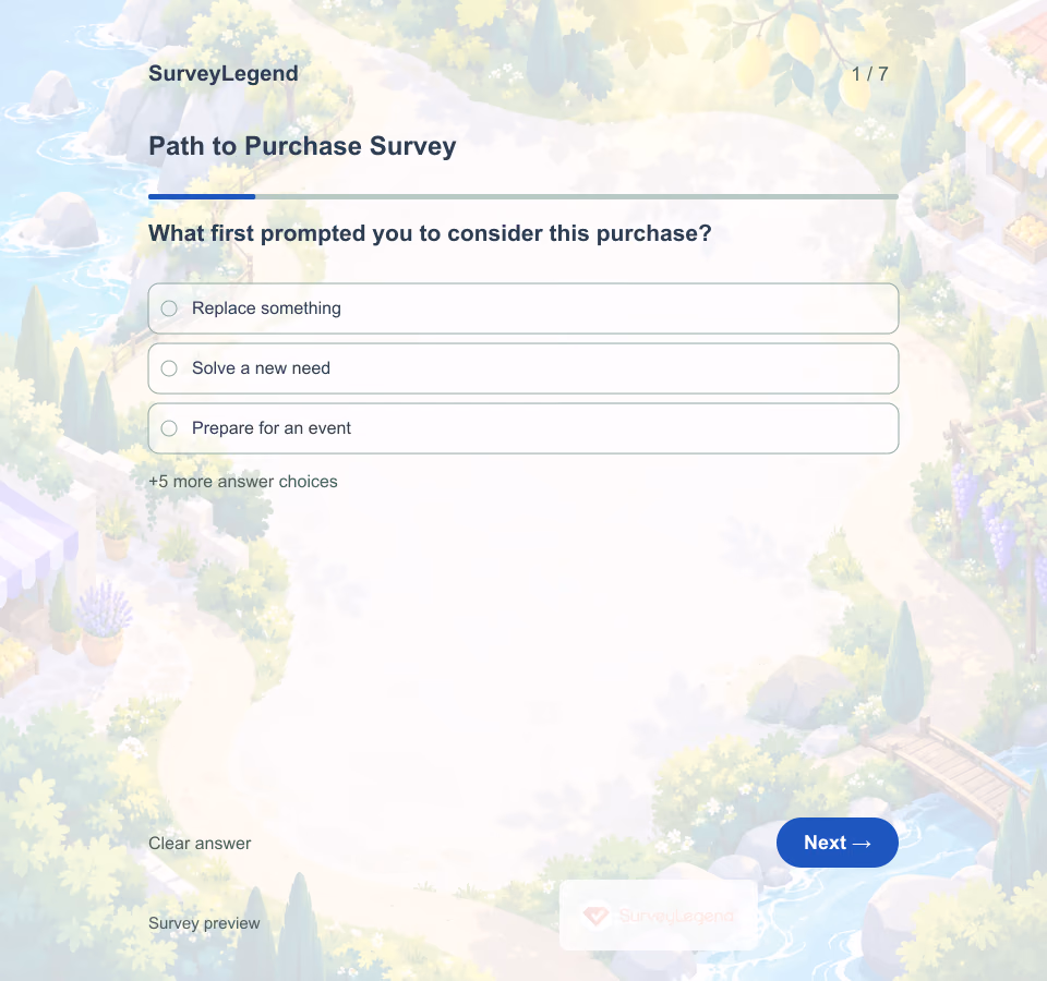 Preview of the Path to Purchase Survey Template showing its first question and answer choices
