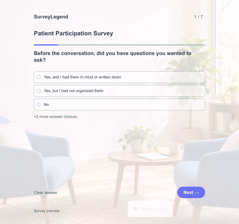 Preview of the Patient Participation Survey Template showing its first question and answer choices