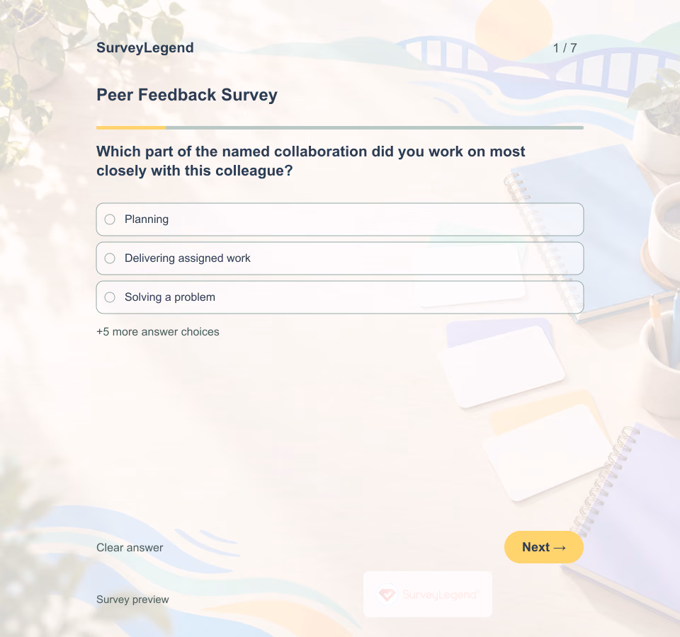 Preview of the Peer Feedback Survey Template showing its first question and answer choices