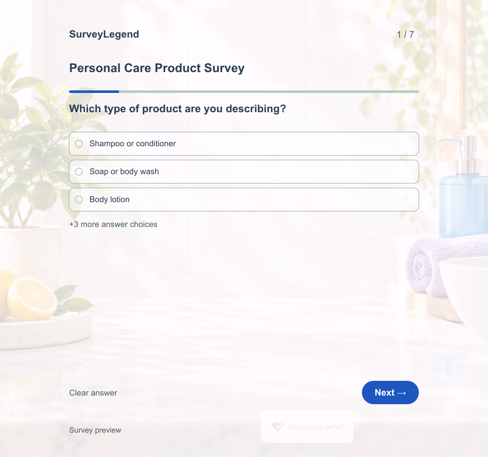 Preview of the Personal Care Product Survey Template showing its first question and answer choices