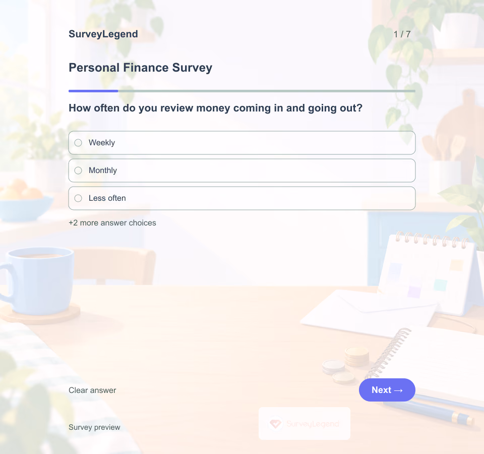 Preview of the Personal Finance Survey Template showing its first question and answer choices