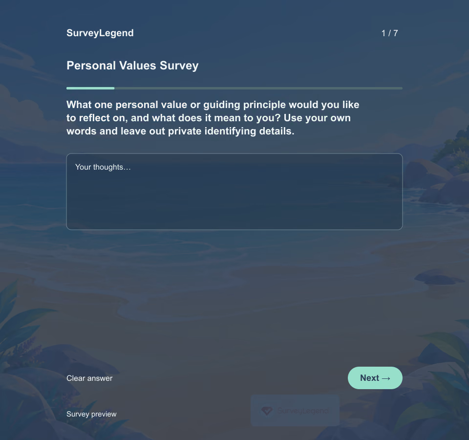 Preview of the Personal Values Survey Template showing its first question and answer choices