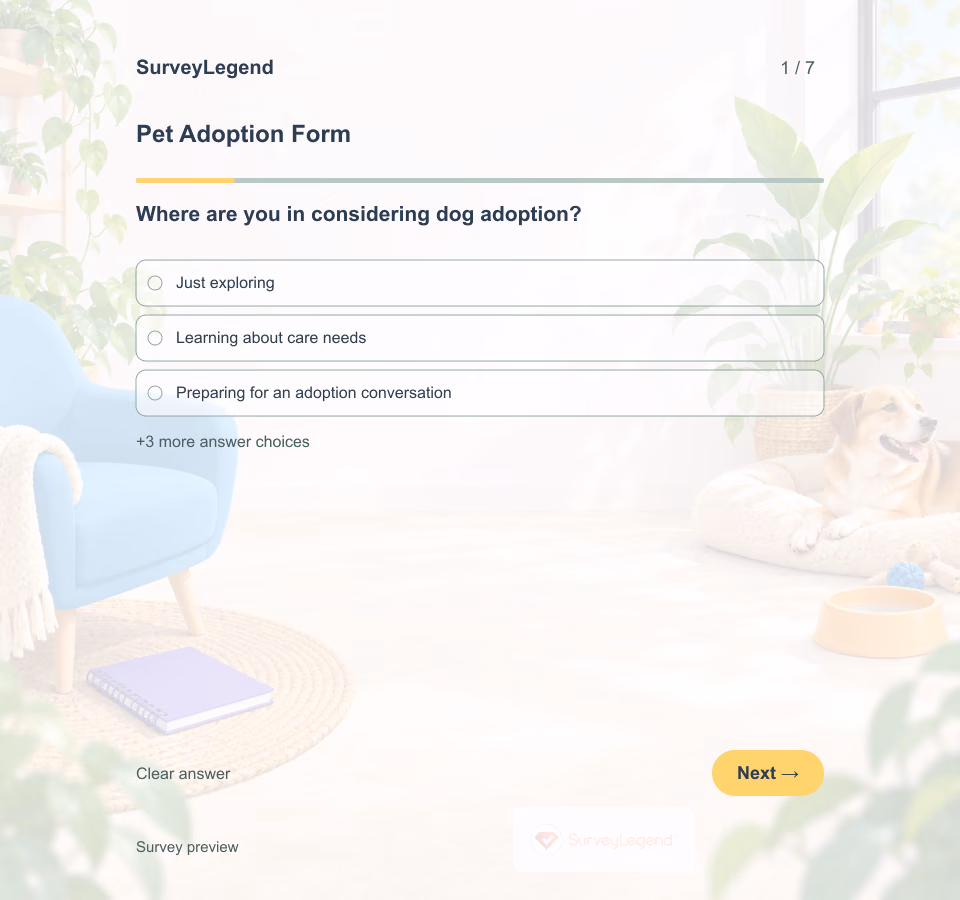 Preview of the Pet Adoption Form Template showing its first question and answer choices