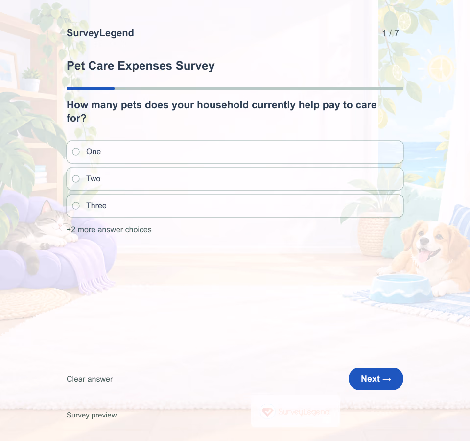 Preview of the Pet Care Expenses Survey Template showing its first question and answer choices