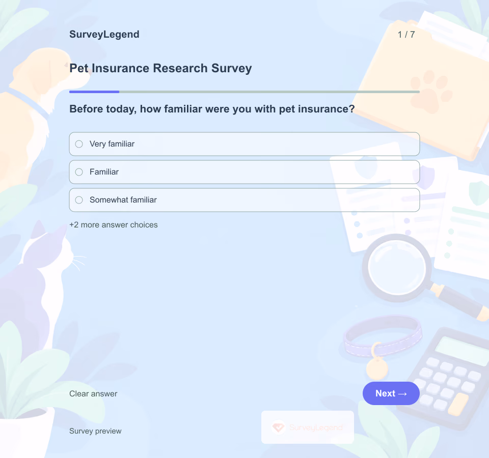 Preview of the Pet Insurance Research Survey Template showing its first question and answer choices