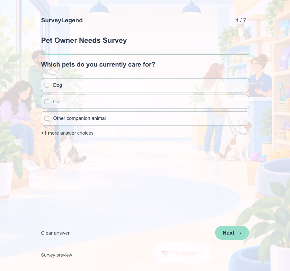 Preview of the Pet Owner Needs Survey Template showing its first question and answer choices