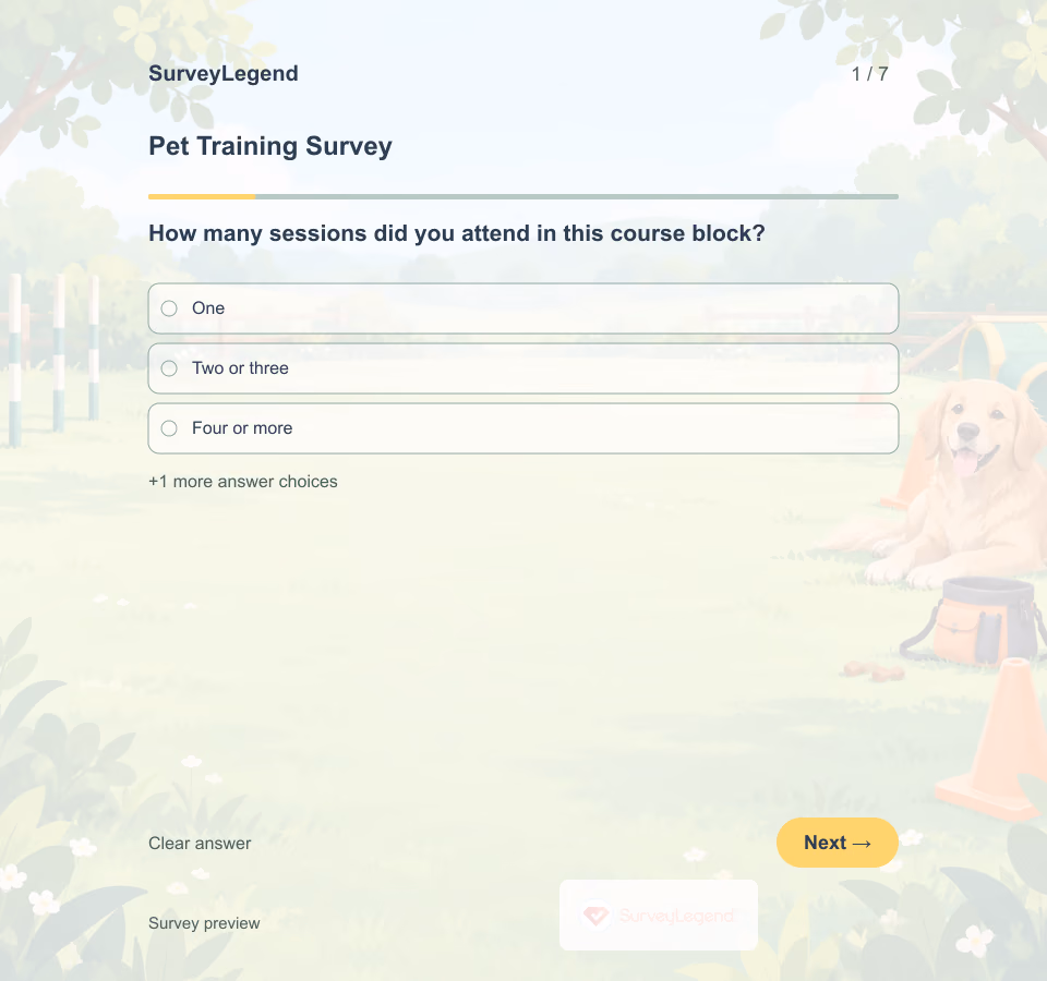 Preview of the Pet Training Survey Template showing its first question and answer choices