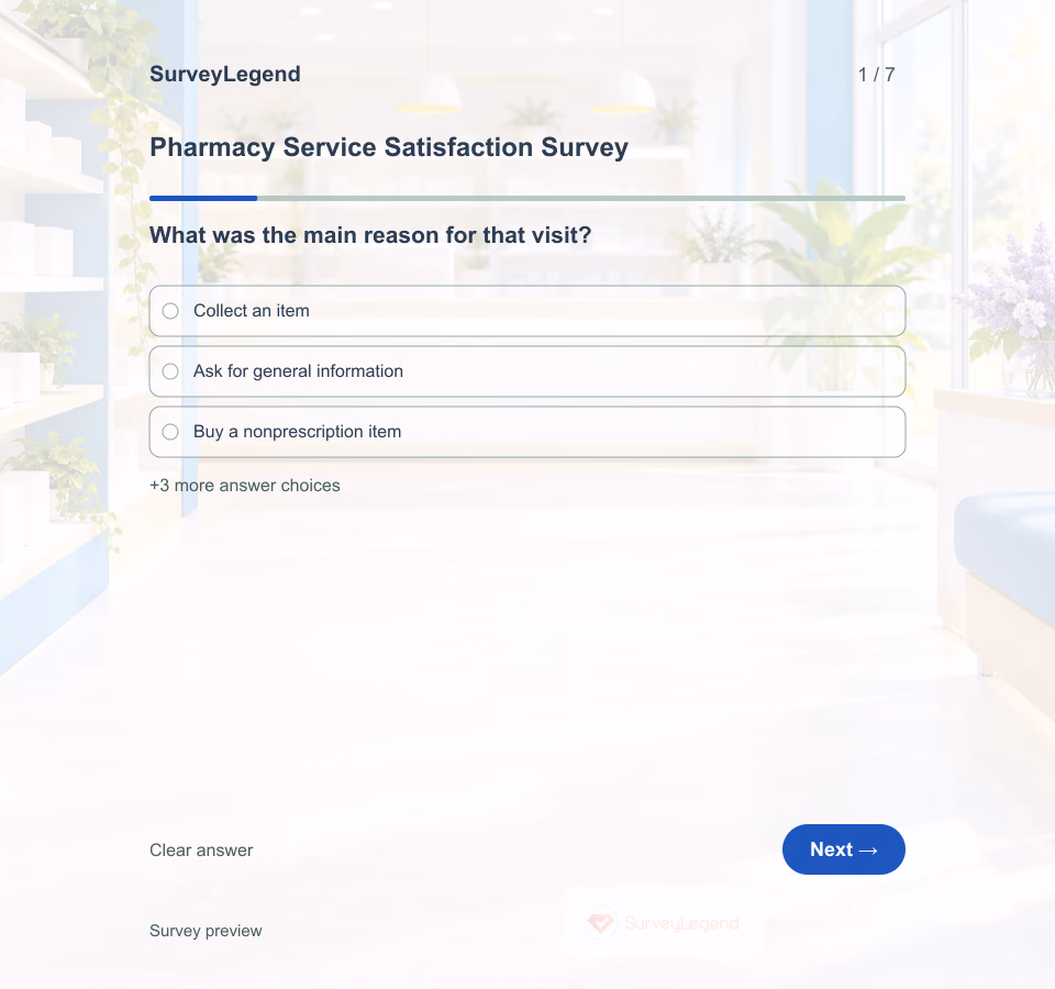 Preview of the Pharmacy Service Satisfaction Survey Template showing its first question and answer choices