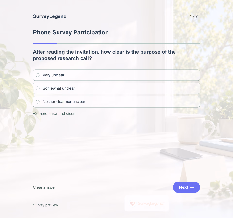 Preview of the Phone Survey Participation Template showing its first question and answer choices