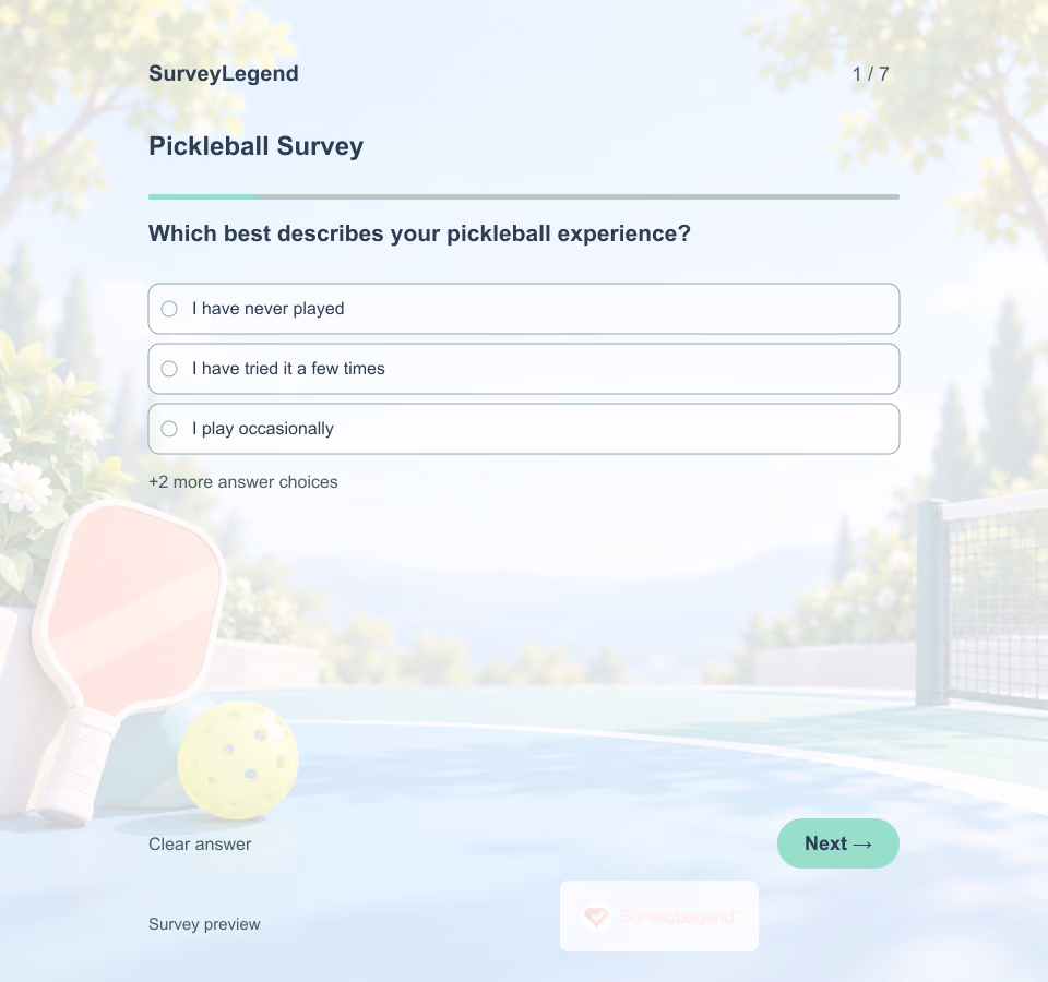 Preview of the Pickleball Survey Template showing its first question and answer choices
