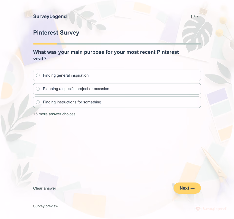 Preview of the Pinterest Survey Template showing its first question and answer choices