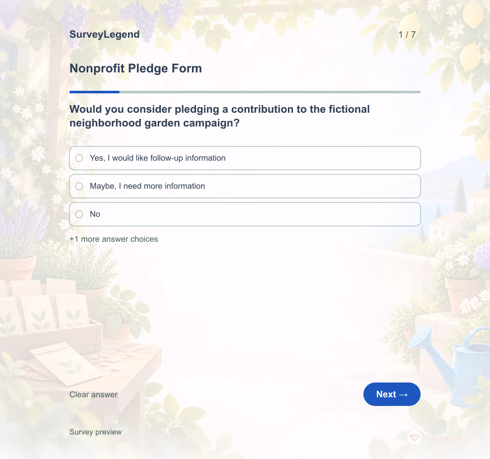 Preview of the Nonprofit Pledge Form Template showing its first question and answer choices