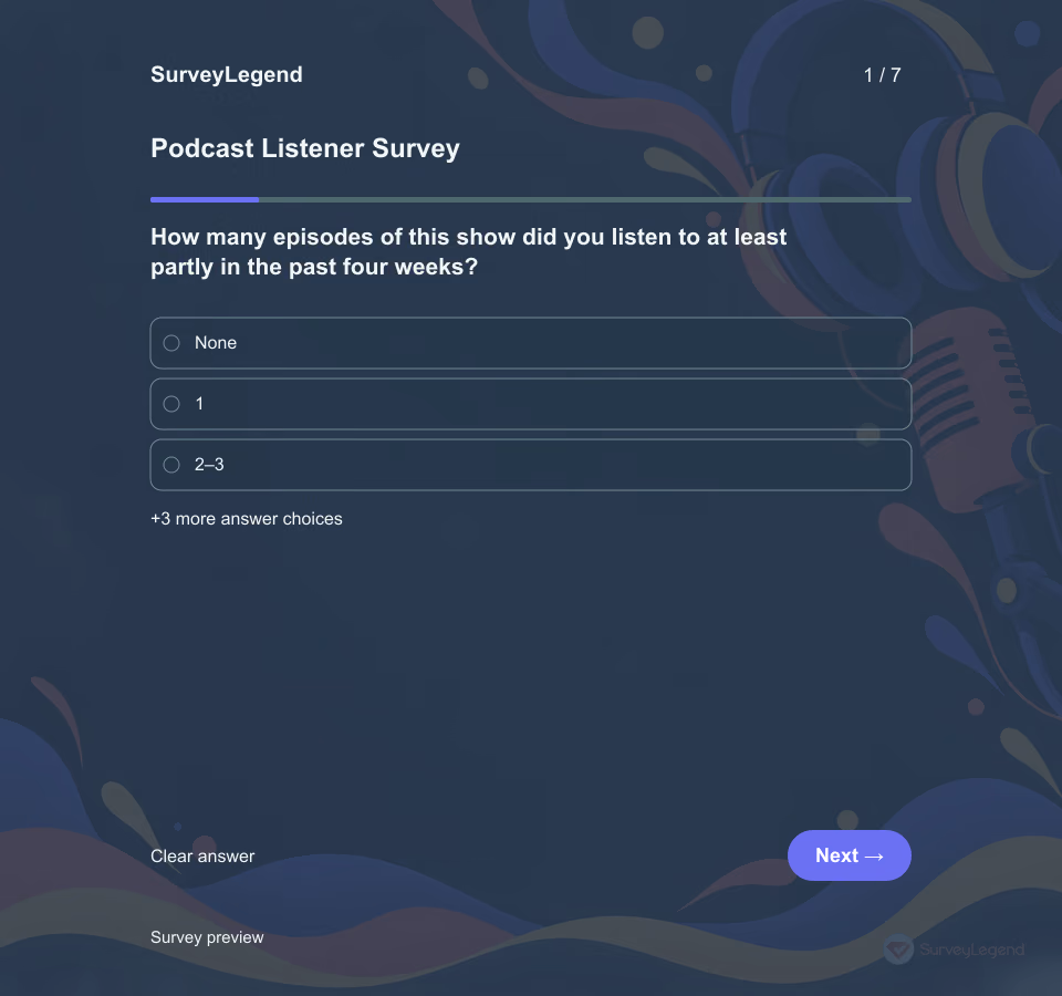 Preview of the Podcast Listener Survey Template showing its first question and answer choices