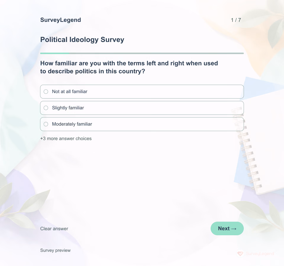 Preview of the Political Ideology Survey Template showing its first question and answer choices